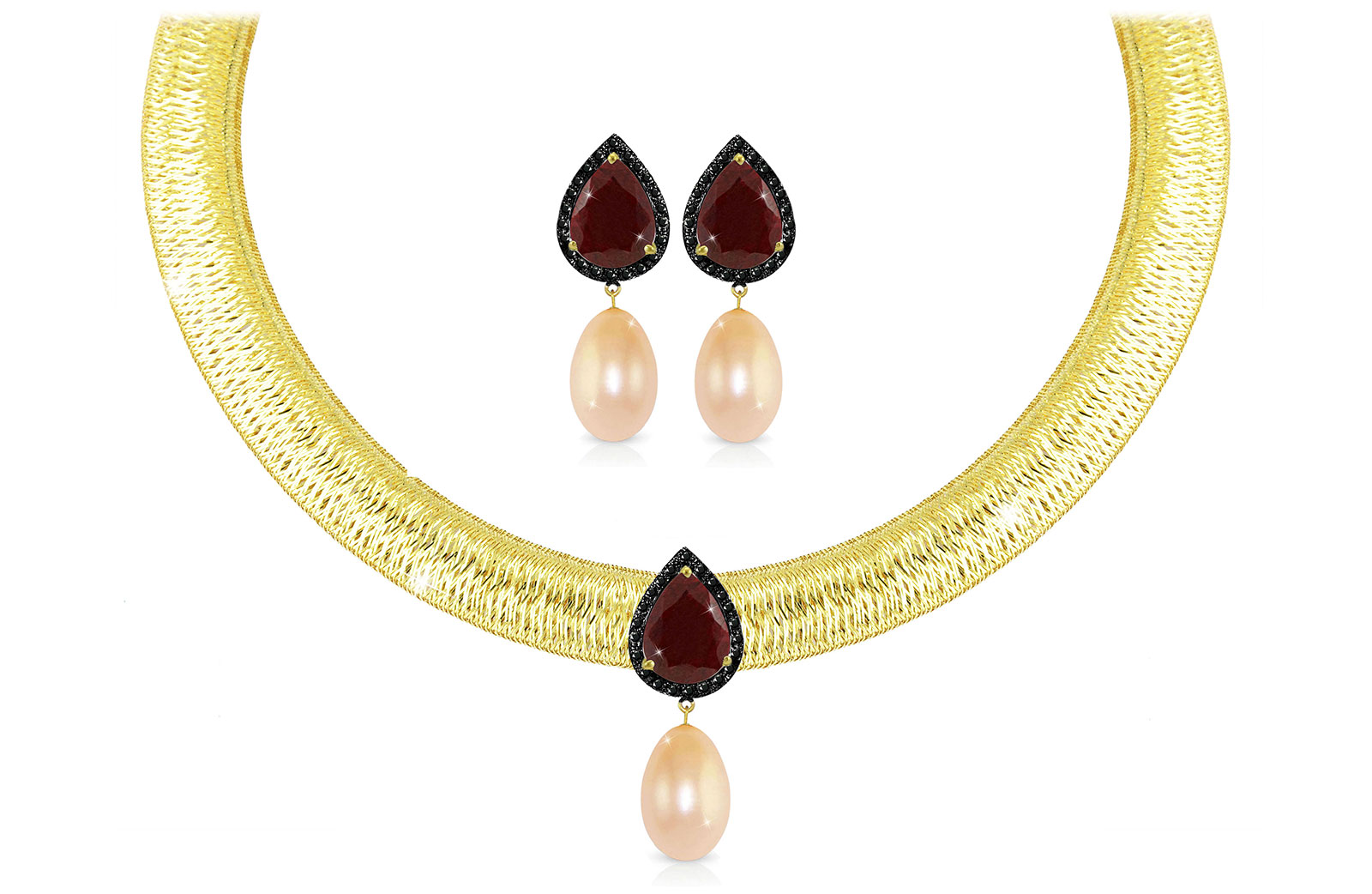 Vera Perla 18K Gold 0.36ct Black Diamonds, Ruby and 13mm Pink Pearl Jewelry Set - 2 pcs.